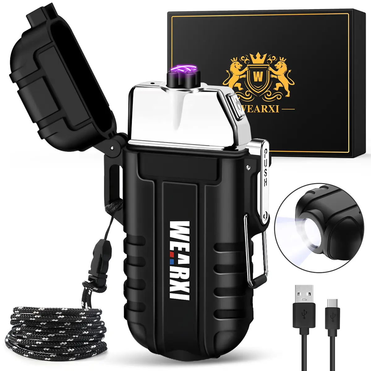 【Man Cave Gadgets Gift】USB Rechargeable Electronic IP56 Waterproof Electric Arc Lighter with 3-Mode Flashlight, Strobe Mode, USB Port - Windproof Plasma Lighter for Camping - Unique Practical Gift for Men