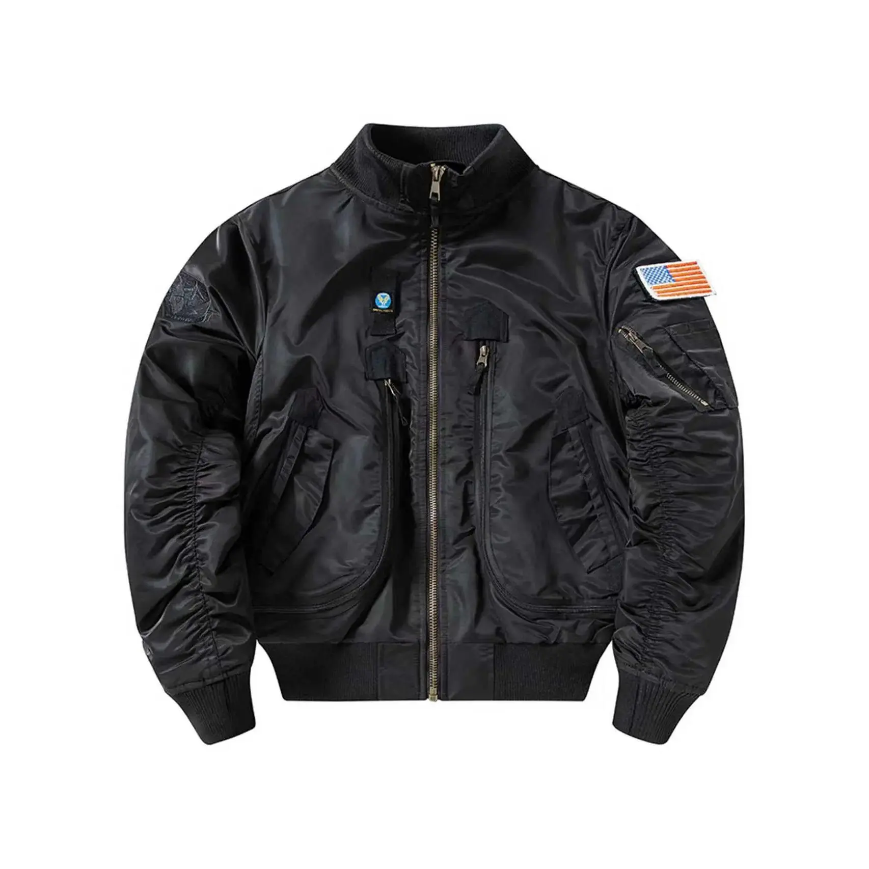 Unisex MA-1 Flight Bomber Jacket, Vintage Military Cargo Coat with Sherpa Fleece Lining, Oversized Classic Casual Long Sleeve Outerwear for Fall Winter, Top, Longsleeves, Fashion Apparel, Daily Wear, Cargo Pockets, Military Vibe, Oversized Cut, Polyester,