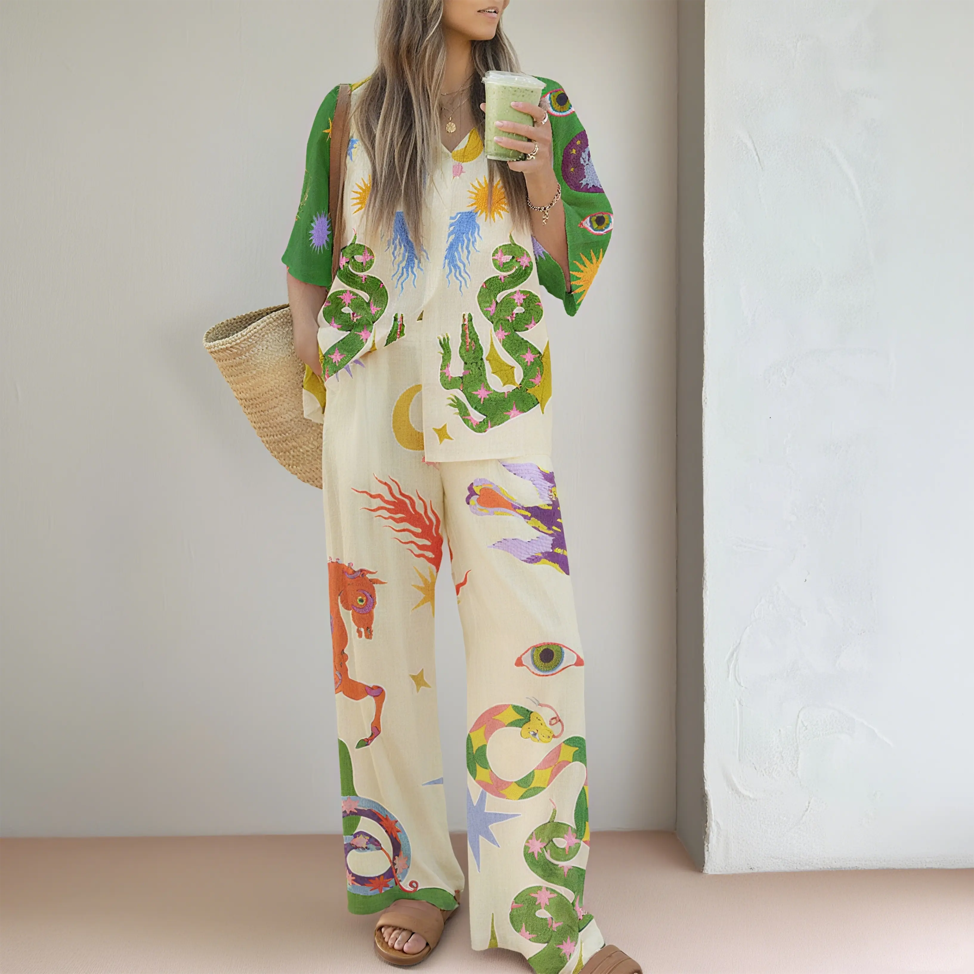 Artistic Abstract Print Two-Piece Set, Casual Vacation Fashion Short-sleeved long pants set, Bohemian Style , Retro hippie, Tropical plant patterns,Chic, Street, Celestial elements, Cozy women's cloth