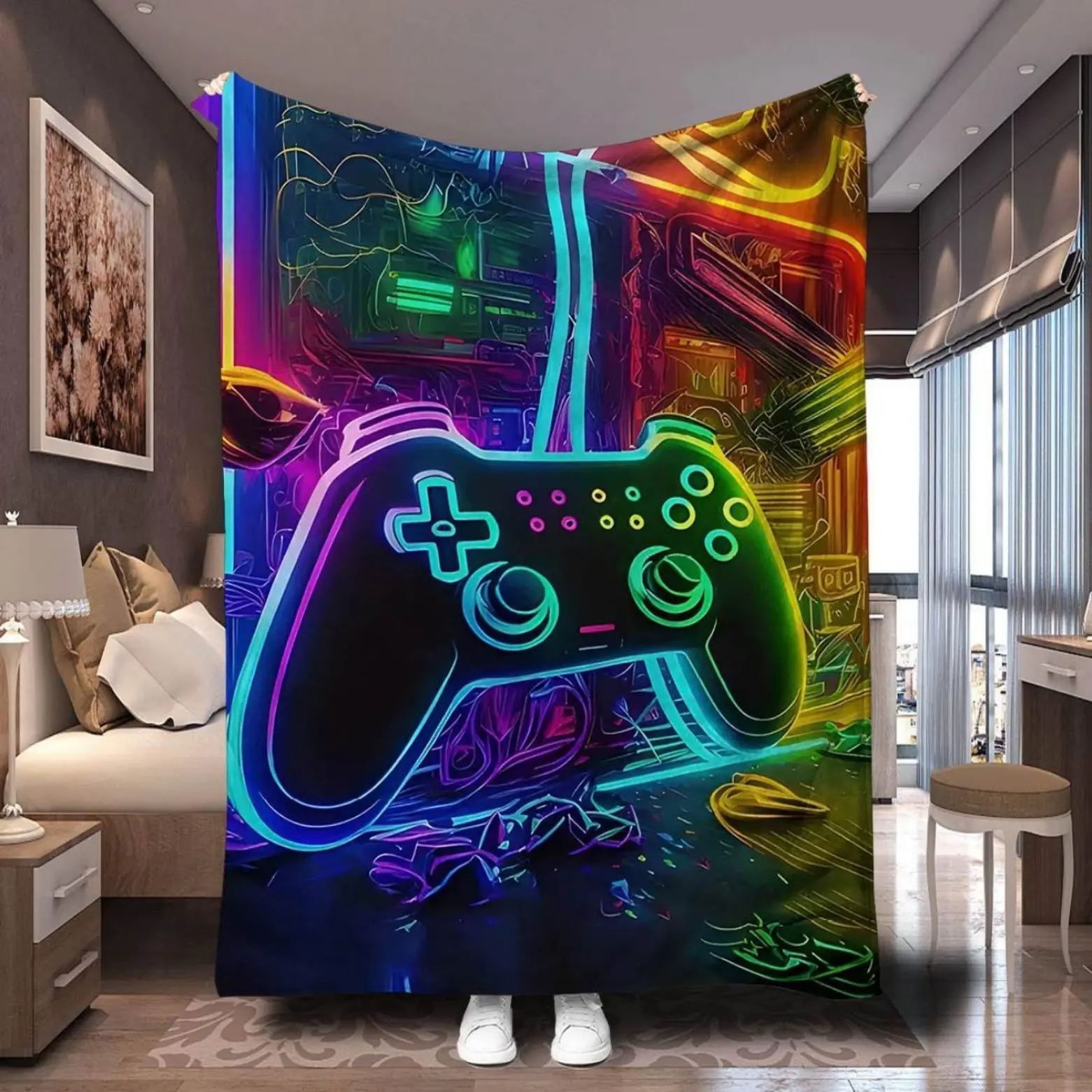 Unisex Game Controller Flannel Fabric Throw Blanket - Soft, Warm All-Seasons Game-Themed Blanket, Multi-Size, Cozy for Couch & Bed - Unique Gamer Gift for Birthdays