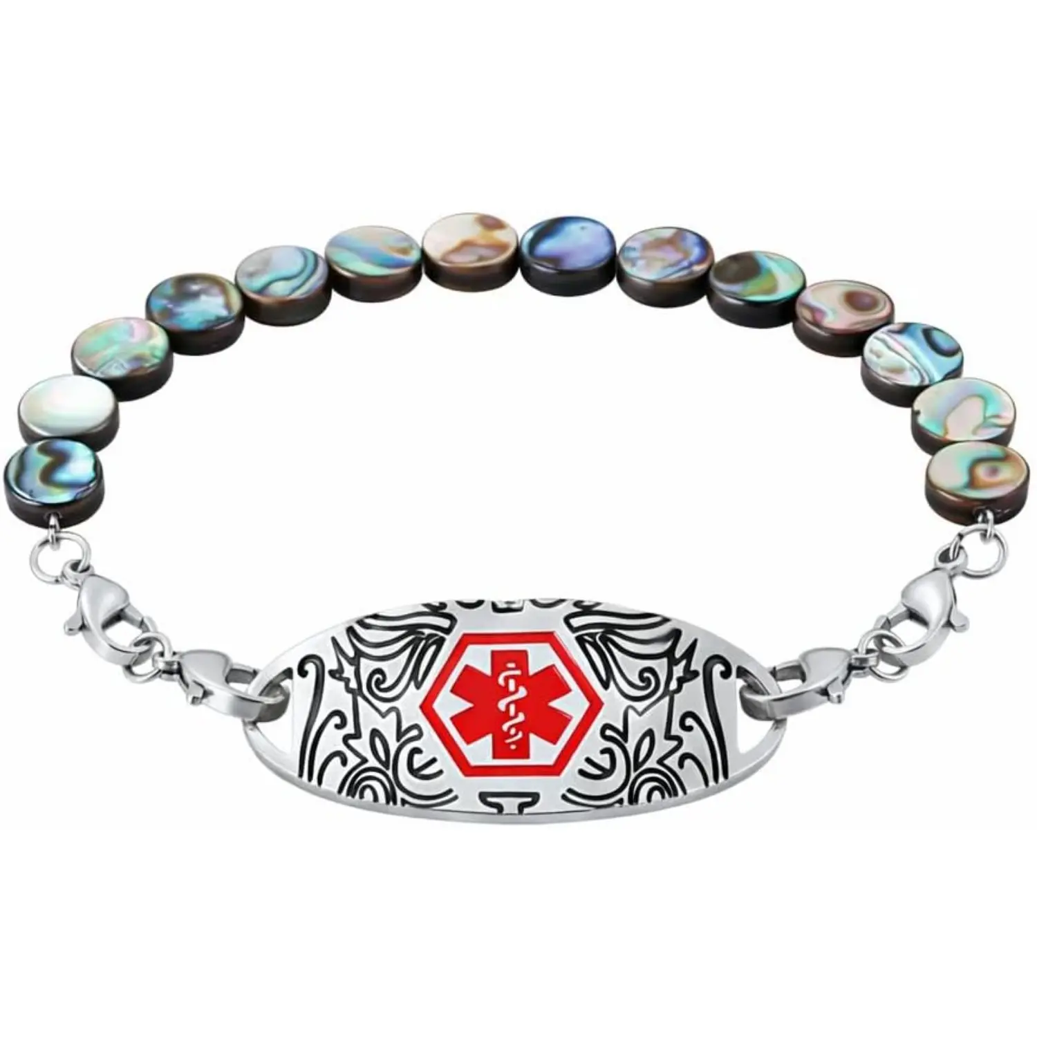 Dynamic QR Code Medical Alert Bracelet for Women | Round Abalone Shell Beads & Stainless Steel ID | Scan to Edit Emergency Info, Allergy & Diabetes ID Jewelry, Double Lobster Clasp, Adjustable