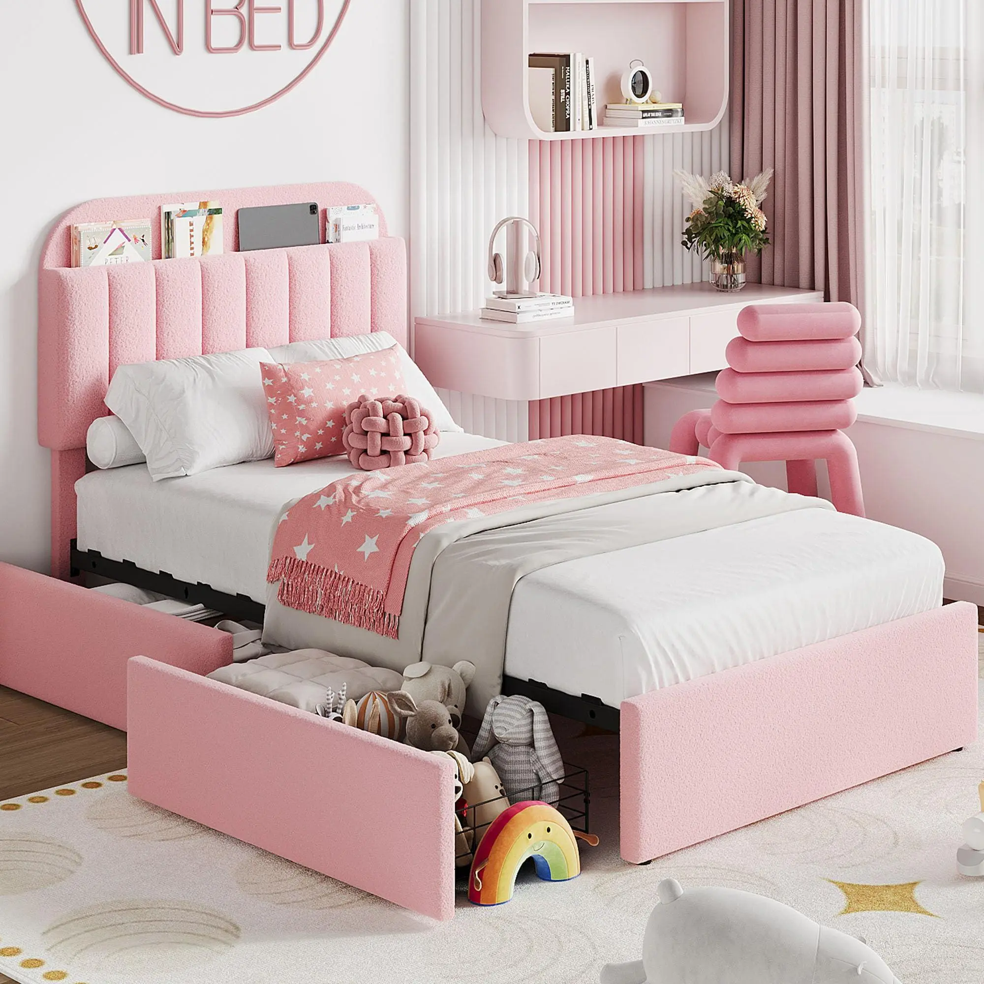 Twin XL Bed Frame with Storage Headboard,Kids Bed Frame with 2 Drawers,Boucle Upholstered Platform Bed with Bookcase,No Box Spring Needed,Easy Assembly,Pink
