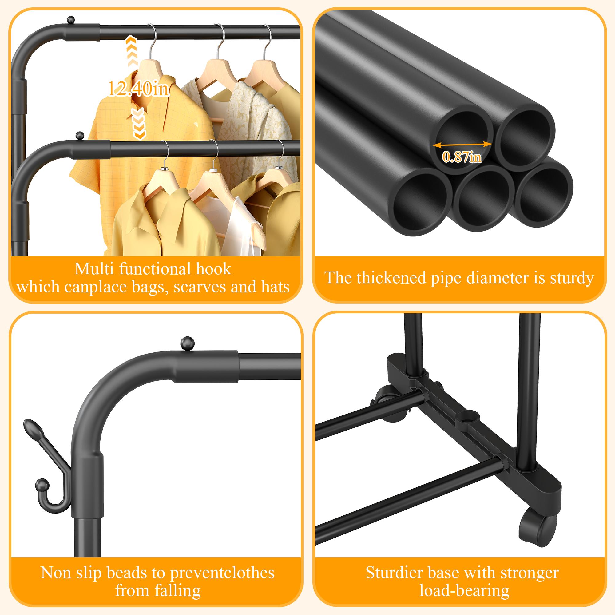 Raybee Clothing Rack with Shelves &Double Hanging Rods, Portable Clothes Rack with Wheels Rolling Garment Rack,  HangingClothing racks Holds Up to 245LBS, Metal Closet Rack, Clothes Organizer Solutions 43.3"Wx22"Dx70.3"H