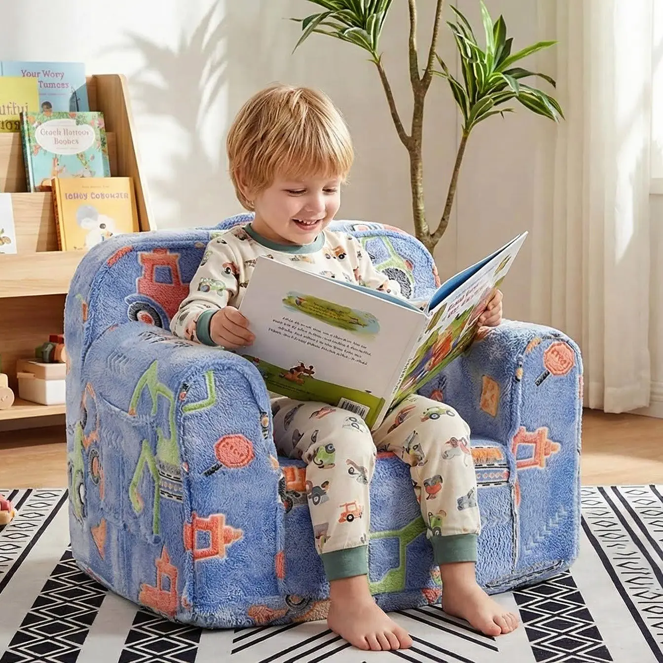 [LANSHEN] Kids Couch for Boys Girls, Comfy Toddler Recliner Sofa with Footrest, Soft Plush Children Armchair for Ages 2-6, Blue Construction Truck Pattern