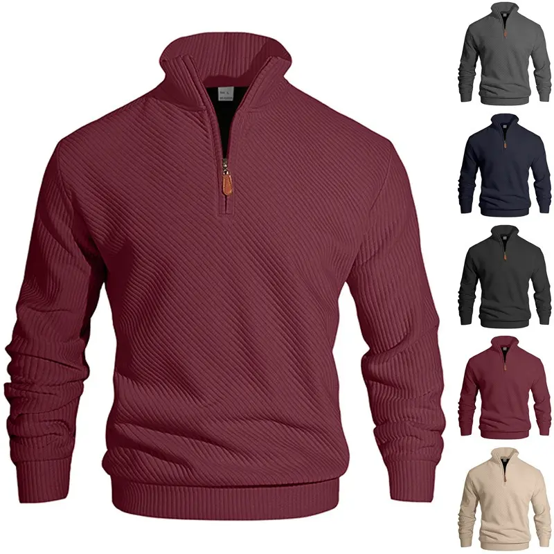 Men's Burgundy Code Burgundy Textured Knit Quarter Zip Sweater Long Sleeve Casual Trendy Top for Autumn Winter Layering Daily Outings Office Looks Ideal for Style - Savvy Guys