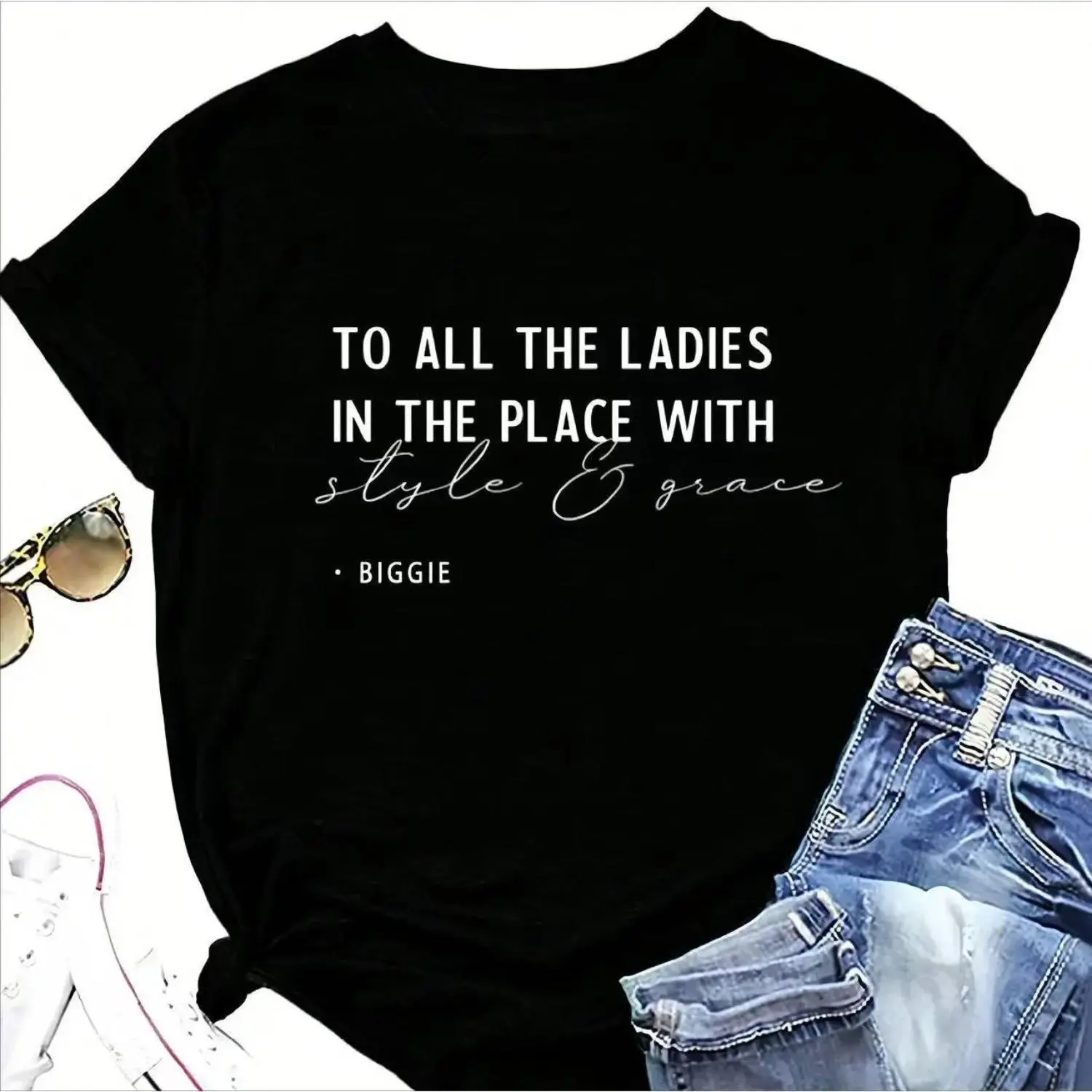 Men's Biggie "To All The Ladies" 90s Hip Hop Quote Graphic T-Shirt, Casual Round Neck Short-Sleeve Top, Shortsleeve, Tshirt, Slogan T-Shirts, Lady, Loose, Menswear, Streetwear, Baggy, Soft Fabric