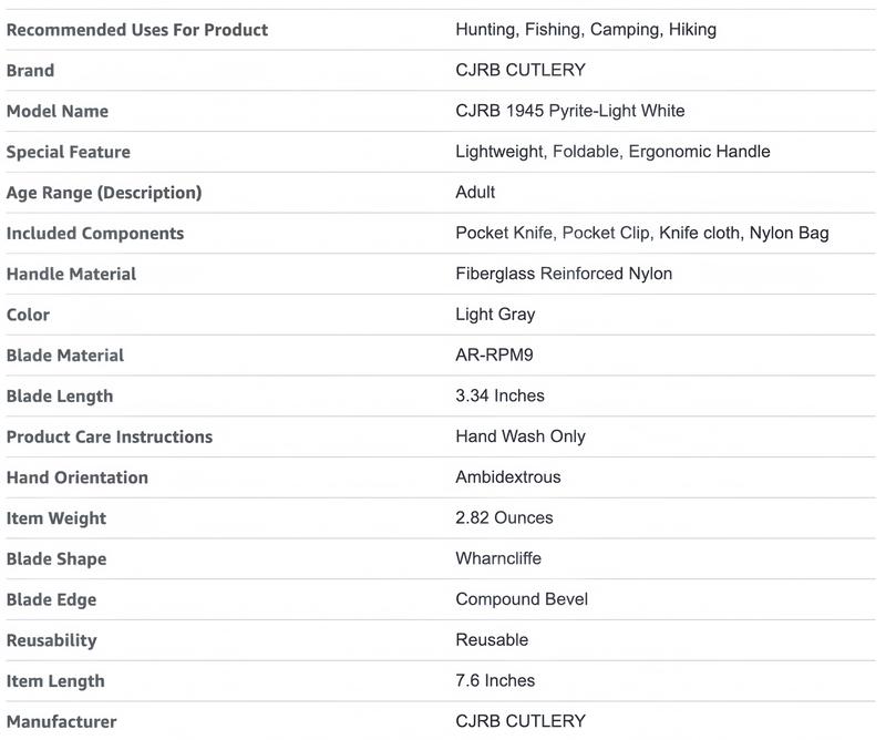 CJRB Pyrite-Light Pocket Folding Knife - 3.34'' AR-RPM9 Steel Blade, EDC Knife with Pocket Clip for Camping, Hiking, Survival Tools and Survival Gear