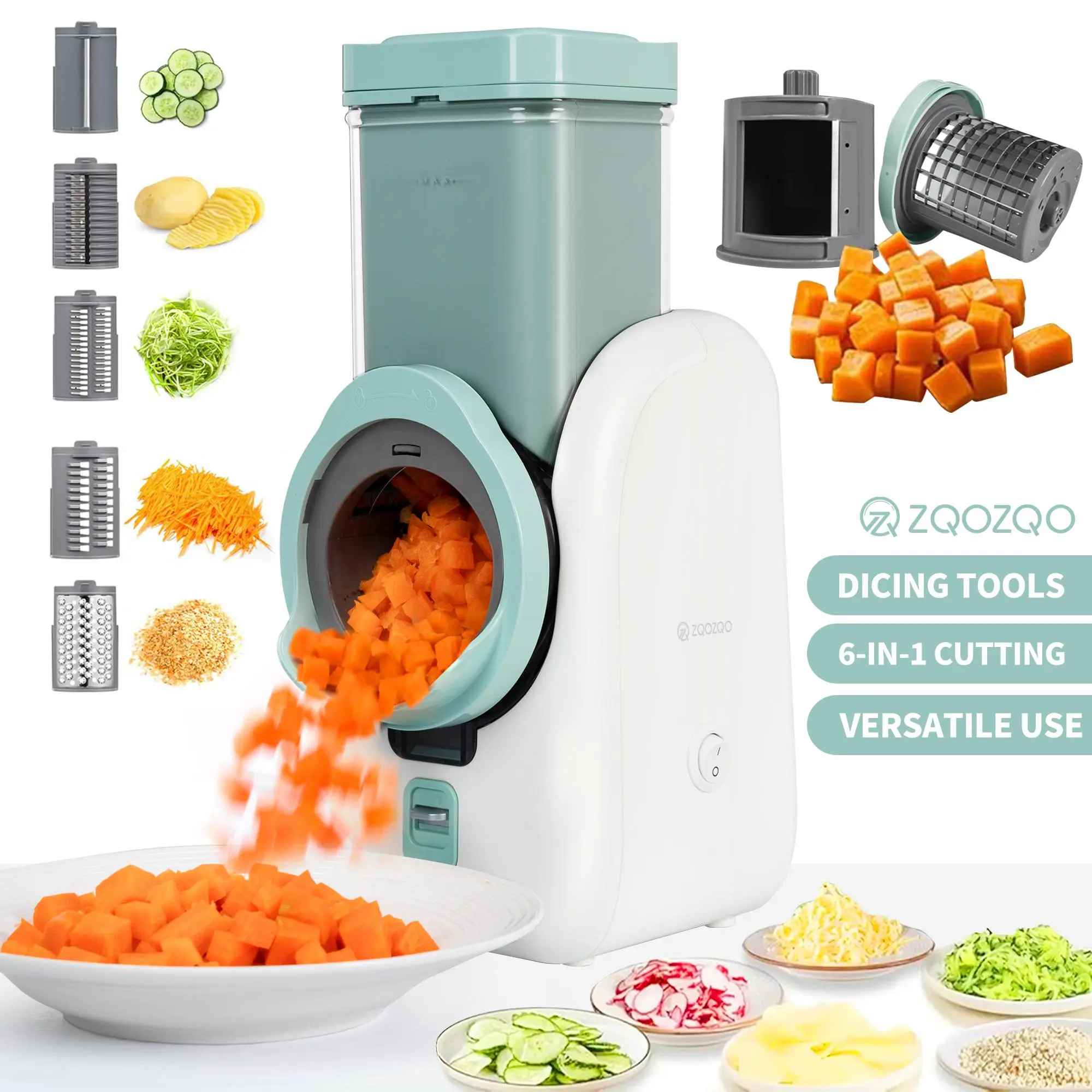ZQOZQO Stainless Steel Electric Vegetable Cutting Slicer - Stainless Kitchen Gadget with 6-Blade Dicer, 8-Rotary Cheese Grater, Double Safety Lock, Washable Parts, Multi-Blade Set for Cooks, Quick Meal Prep