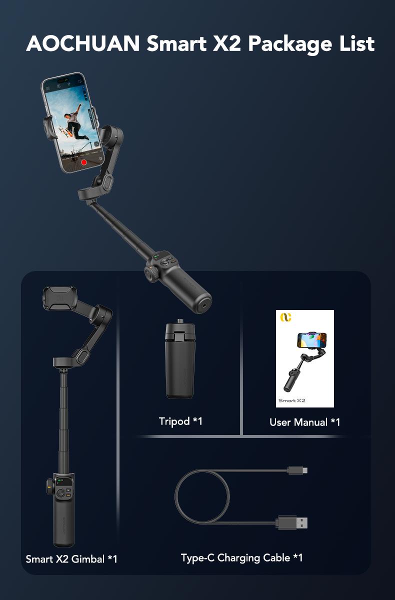 AOCHUAN Gimbal Stabilizer for iPhone, 3-Axis Smartphone Gimbal Built in 7.8' Extension Rod, Portable Gimbal Stabilizer w/OLED Display for iPhone/Android, Perfect for TikTok YouTube Vlogging-Smart X2-2