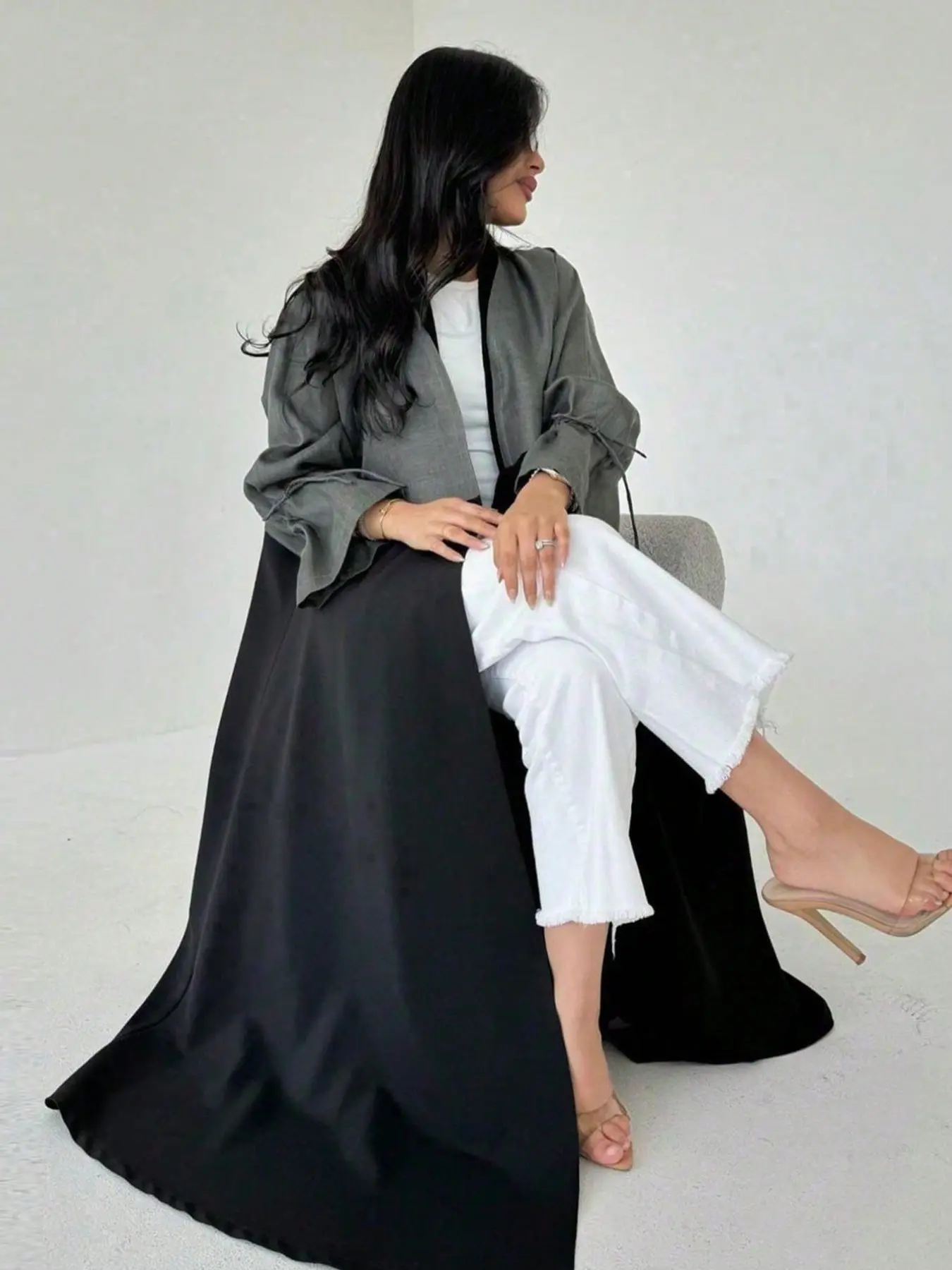 Colorblock Patchwork Loose Fit Modesty Muslim Clothing Abaya Outerwear Loose Abayas, Drawstring Bubble Sleeves Long Cardigan, Elegant Middle Eastern Luxury Women's Clothing Islamic Modesty Clothes For Muslim