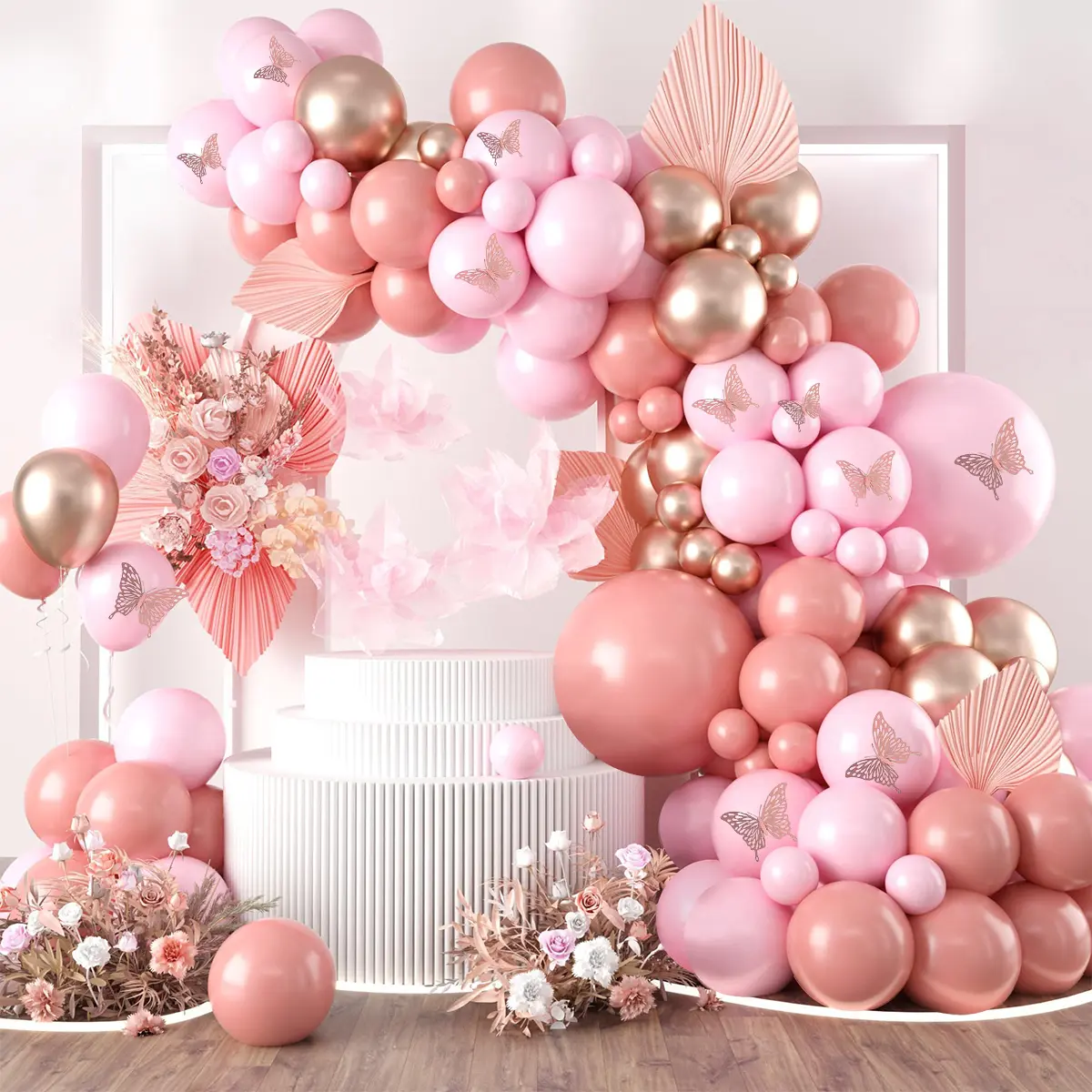 111pcs Pastel Pink Butterfly Balloon Set, Retro Pink Latex, Rose Gold Decorations with Balloon Arch for Birthday, Baby Shower Parties, Balloon Arch Decoration