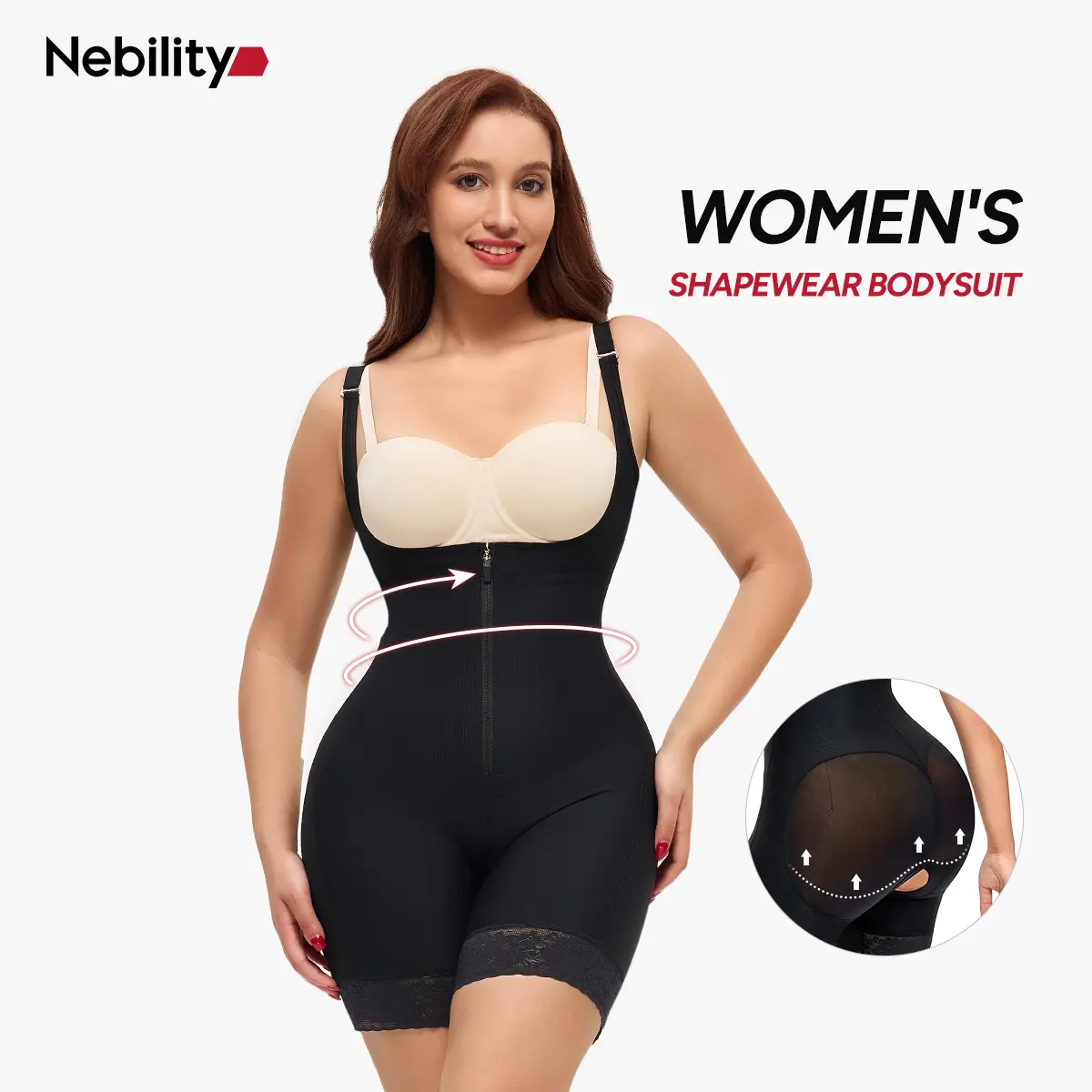 Nebility Women's High Waisted Lace Shapewear Bodysuit Tummy Control Postpartum Support Butt Lifter for Snatched Waist Basic Compression Black