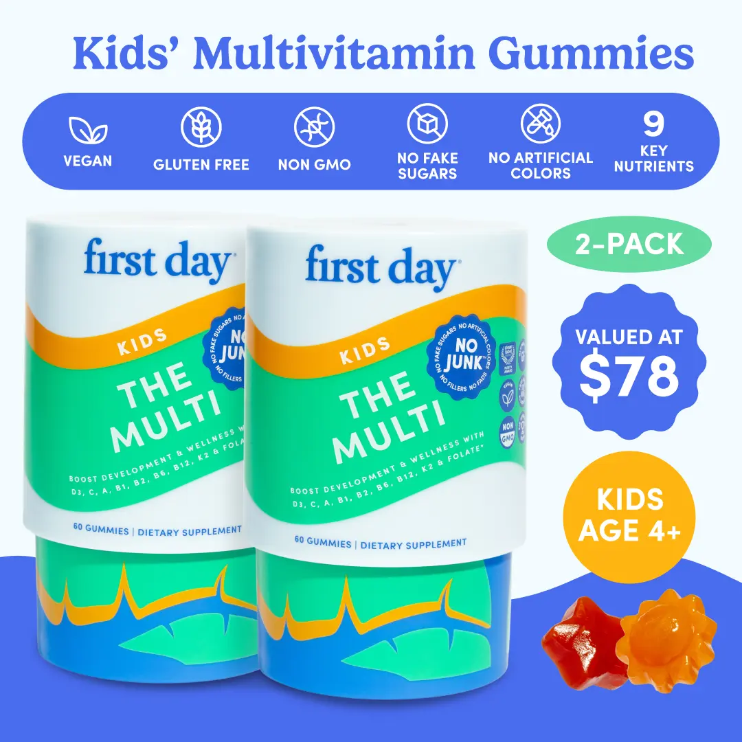First Day Kids Multivitamin Gummies Ages 4-12 (2 Pack), Natural Strawberry Orange Flavor — 21 Organic Superfoods, 9 Key Nutrients, Vitamin C D3 B12 Folate — Immunity, Healthy Growth, Energy, Picky Eater Approved — 60-Day Supply, Vegan, Non-GMO, No Junk He
