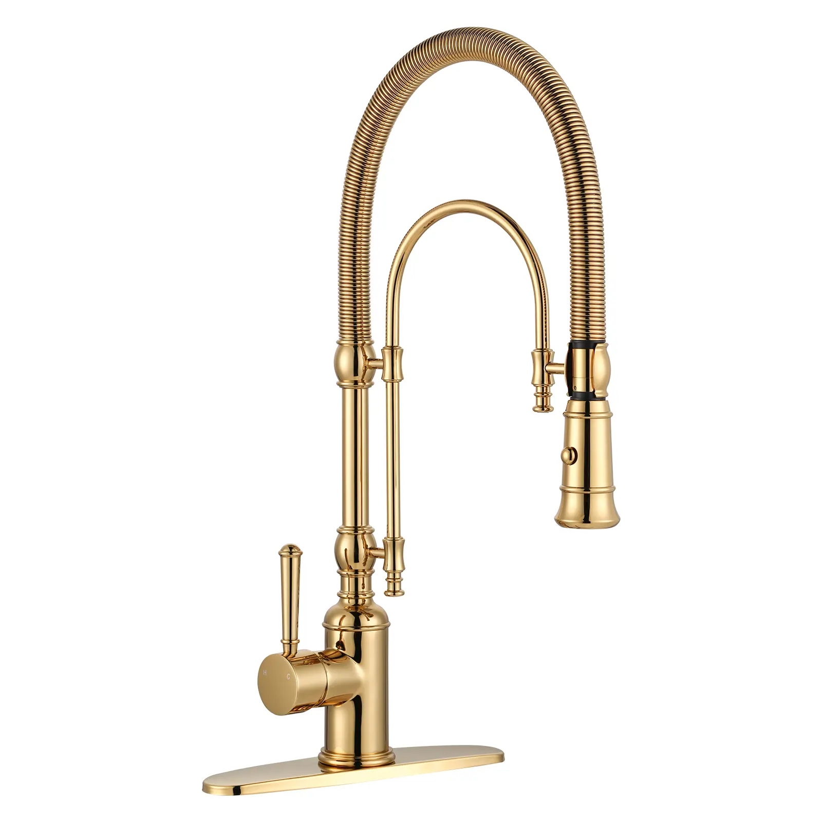 WOWOW Modern Brushed Gold Solid Brass High Arc Gooseneck Spout Kitchen Faucet - 2-Function Single Handle, Magnetic Dock Pull Down Sprayer, Spring Tube Gold Kitchen Tap for Home Use, Brushed Gold Kitchen Taps