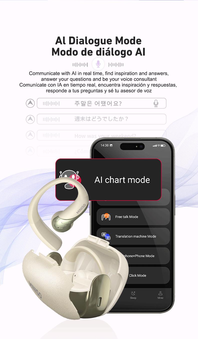 Miniso MS200-AI Translation Earphones, Bluetooth 6.0, high-fidelity wireless earphones, IPX5 waterproof rating, noise-canceling microphone, stereo in-ear headphones, built-in microphone