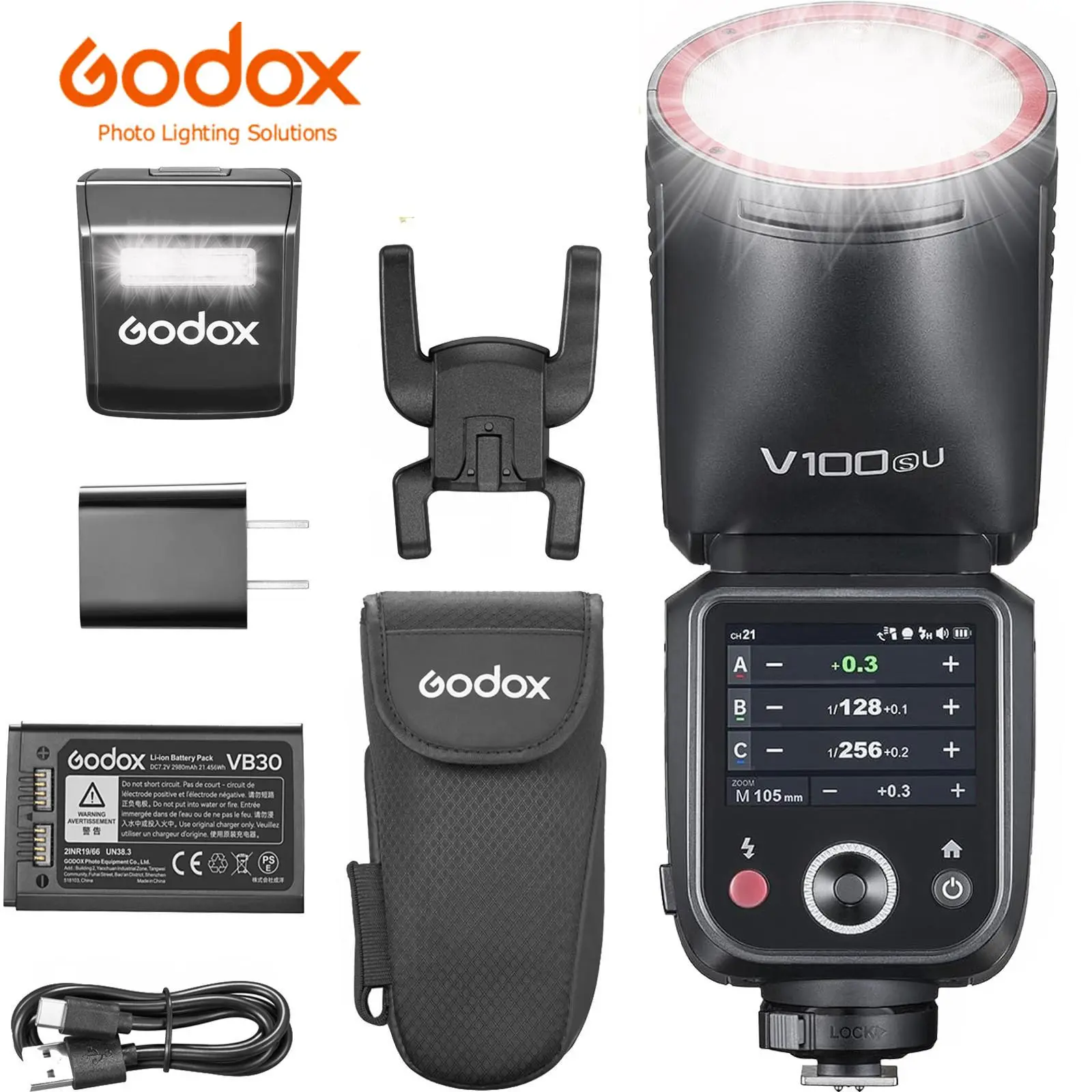 Godox V100-S USA Version Round Head Speedlite for Sony Cameras - 100Ws, 2.4G TTL, 1/8000 HSS, 400 Full Power Bursts, 7.2V/2980mAh Lithium Battery, 1.7s Recycle Time, Adjustable Auto Zoom, 2.5mm Sync Cord, Camera Accessories, Photography Equipment, Touchsc