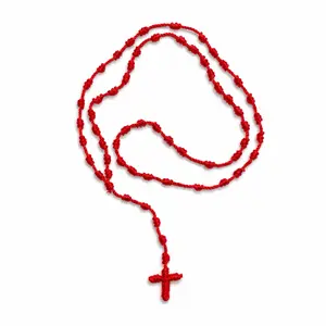 100% Handmade Rosary Cross Pendant Long Braided String Knotted Catholic Religion Adjustable Colorful Rope Necklace Lucky Protection Keepsake Jewelry for Women Men made in Mexico
