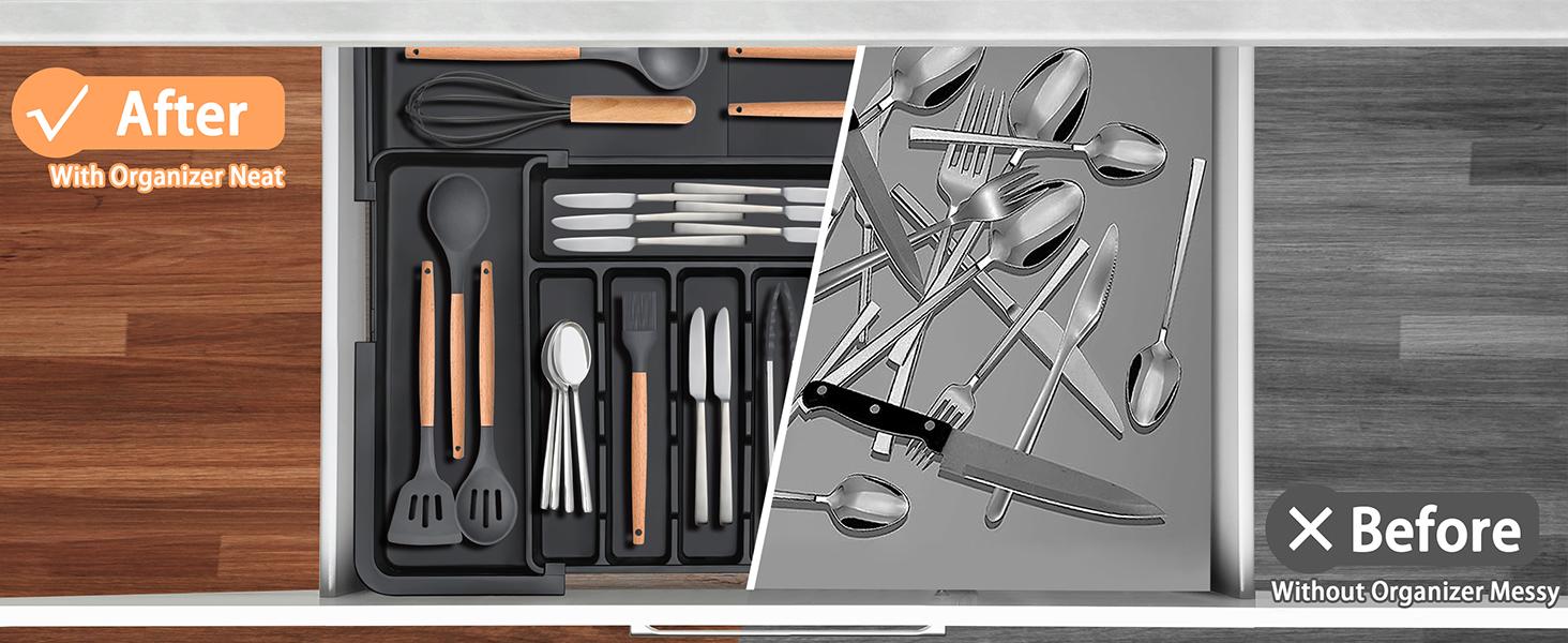 Silverware Organizer, Expandable Kitchen Utensil Drawer Organizer with 9 Compartment, Adjustable Storage for Spoons Forks Knives, Multifunctional Drawer Organizer for Cutlery, Makeup, Stationery Storage