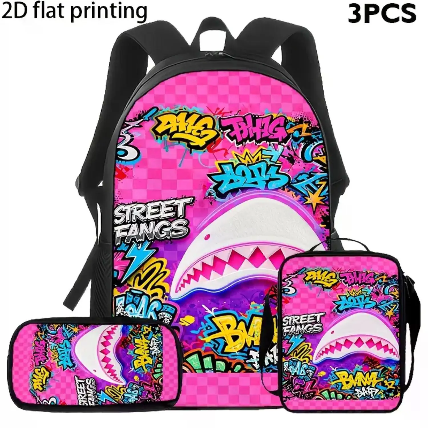 3-Piece Pink Shark Graffiti Backpack Set: Checkerboard Street Art Bookbag with Coordinated Lunch Bag & Pencil Case, Vibrant Backpack for Teen Girls, Travel Gift, Urban Art Daypack, Sports Backpack