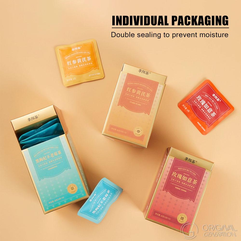 Young Tea Set 60g (6gx10pcs) Morning Afternoon Night:With Red Dates, Mulberry, Poria,,Coix Seed, Pear, Black Wolfberry Jasmine,Ophiopogon Japonicus Pear Red Ginseng Astragalus,Longan Double-petal red rose; Black wolfberry
