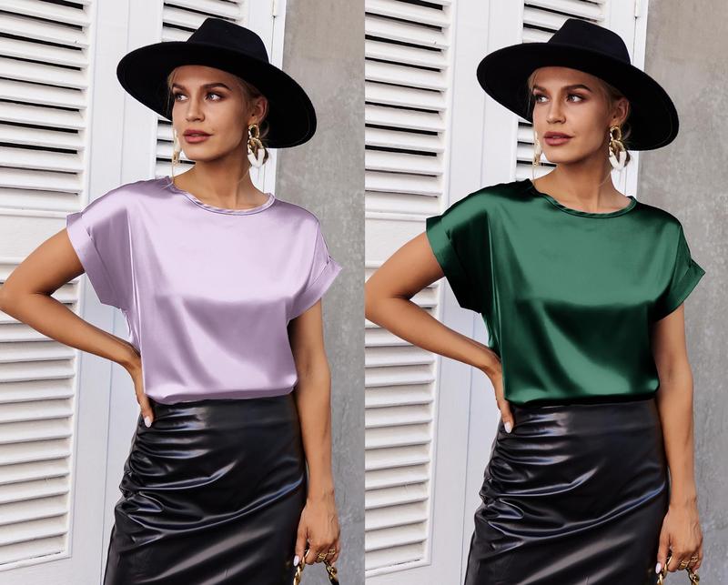 2 Pieces Sets Women's Short Sleeve Pullover Blouses Satin Silk Shirts Casual Loose Work Tunic Tops