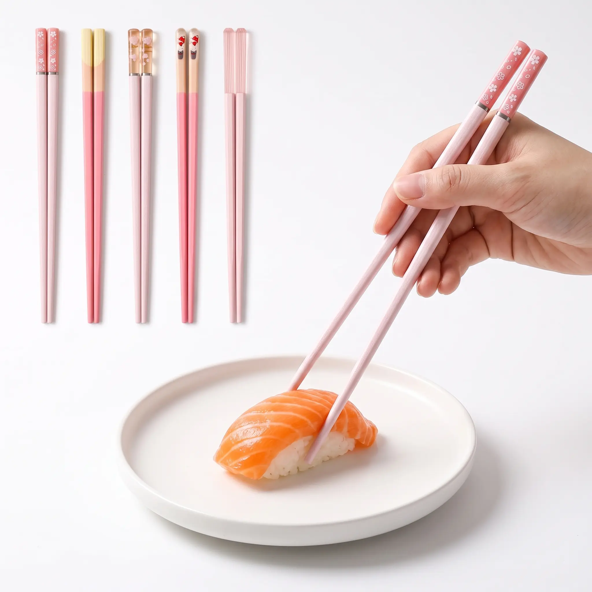 5 Pairs Sakura Pink Chopsticks Set, Cute Japanese Style Reusable Chopsticks with Decorative Tops, Aesthetic Non-Slip Chopsticks for Sushi Ramen, Gift-Ready Tableware Set