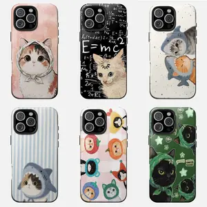 Funny Cat Phone Case, Shark Cat Costume iphone 14 Cover, Babushka Cat Headscarf iPhone Shell, Physics Science Cat Phone Skin, Kawaii Animal Art Gift, Glossy Case For iPhone 17 Pro Max 16 Plus 15 14 13 Mini 12 11, Galaxy S25, S24, S23, S22, S21 Ultra