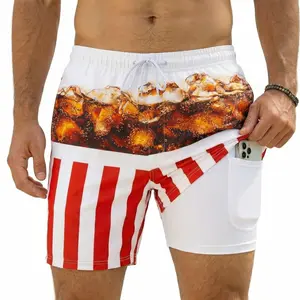 Mens Funny Cola Swim Short with Compression Liner & Phone Pocket | Quick Dry Novelty Soda Striped Board Shorts Anti-Chafe for Beach Swimming