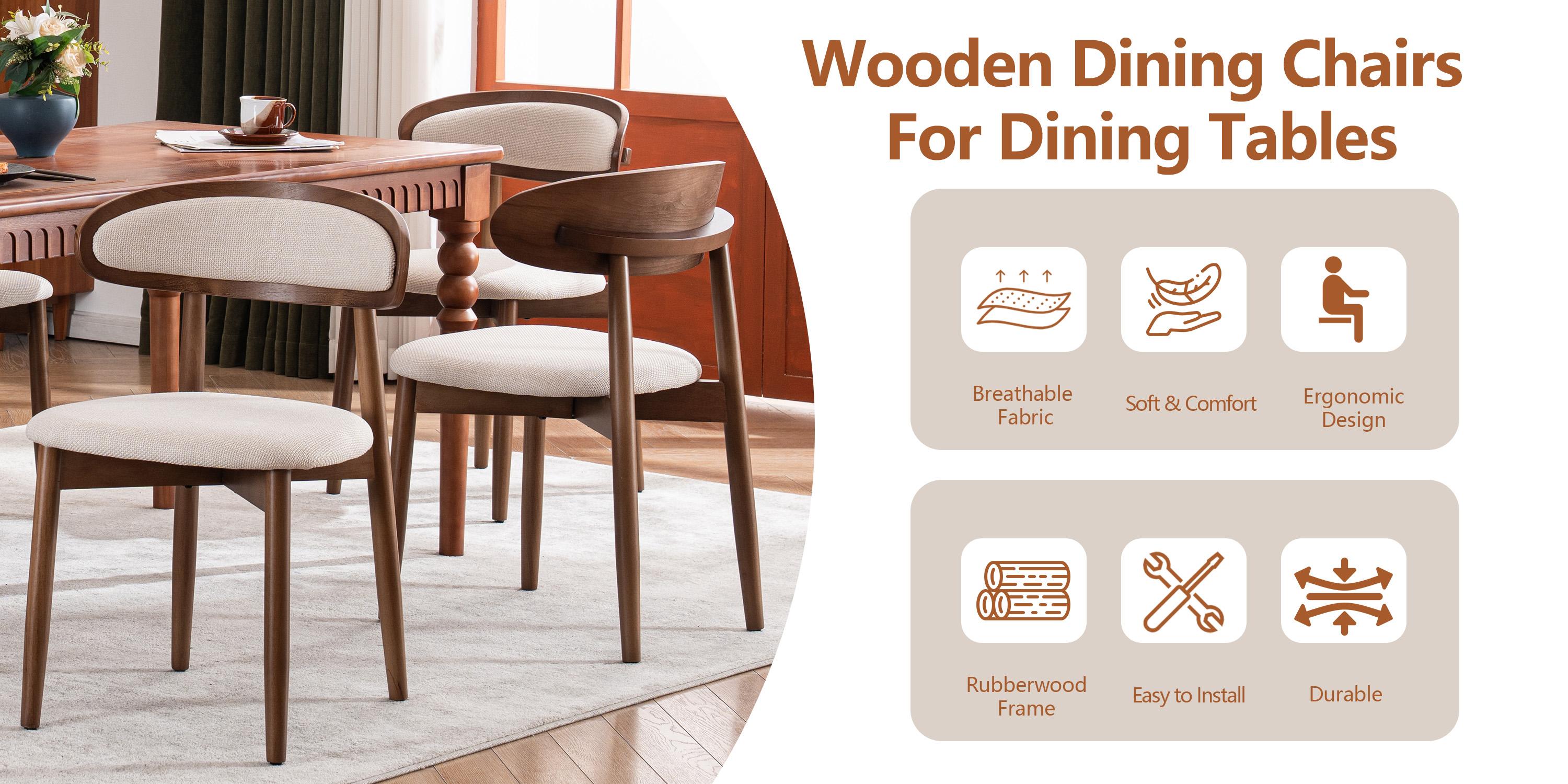 RIMIKING Upholstered Wooden Dining Chair （1 carton 2pcs）, Breathable Fabric Seat, Curved Back Design, Sturdy Rubberwood Legs,6870