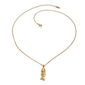 Fishbone Pendant Necklace - 18K Gold PVD Plated Stainless Steel