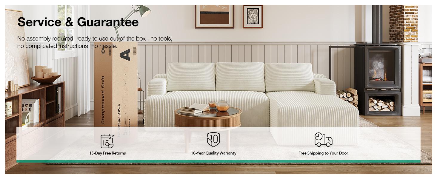 【2 Packages Shipping] L-Shape Plush Corduroy Velvet Modern Sofa with Deep Seat, Upholstered Couches for Living Room & Bedroom, No Assembly Required