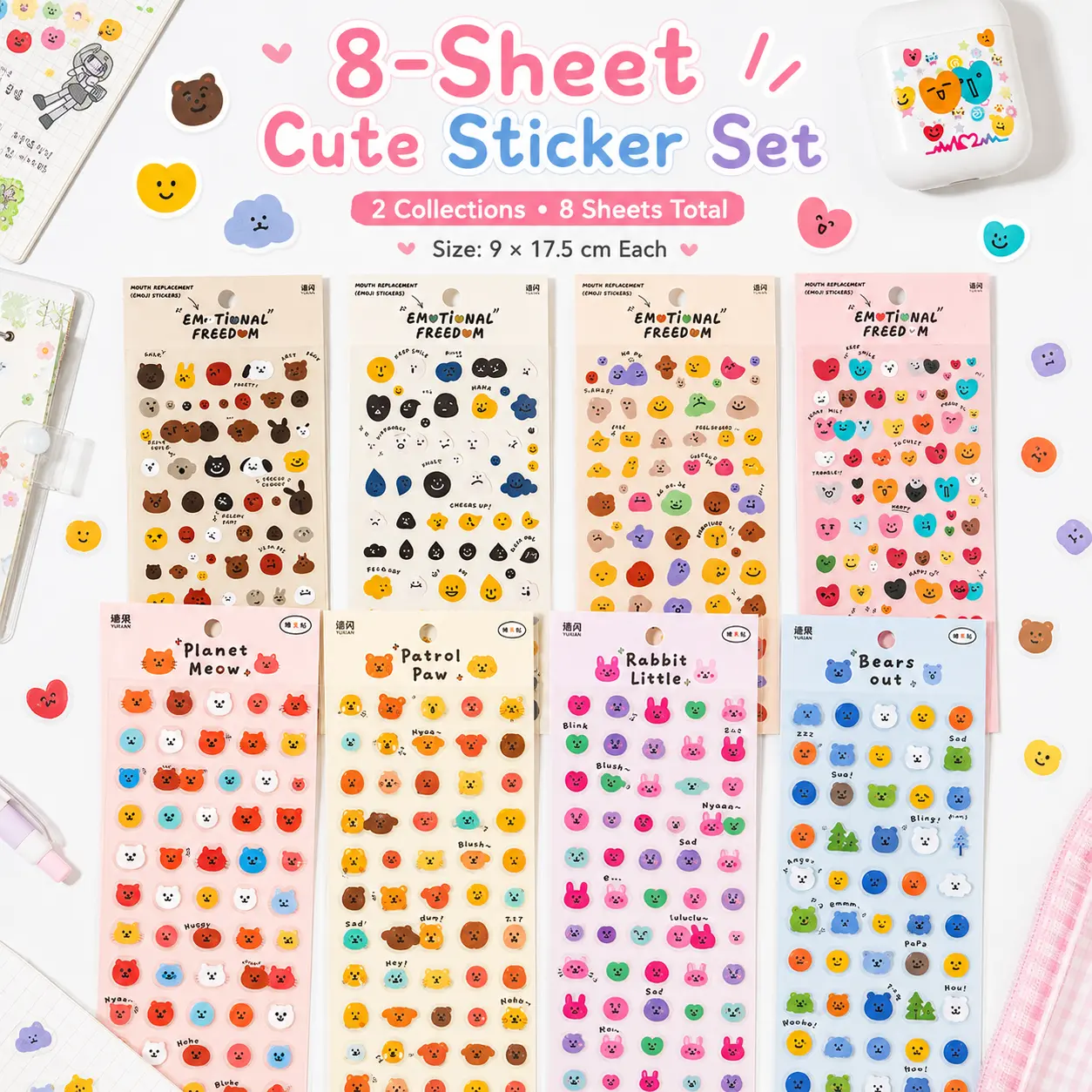 8 Sheets 500+ Pcs Emoji Sticker Set - Colorful Mood Faces & Puffy Animal Expressions for Journaling, Planners, Scrapbooking, Phone Cases & DIY Crafts