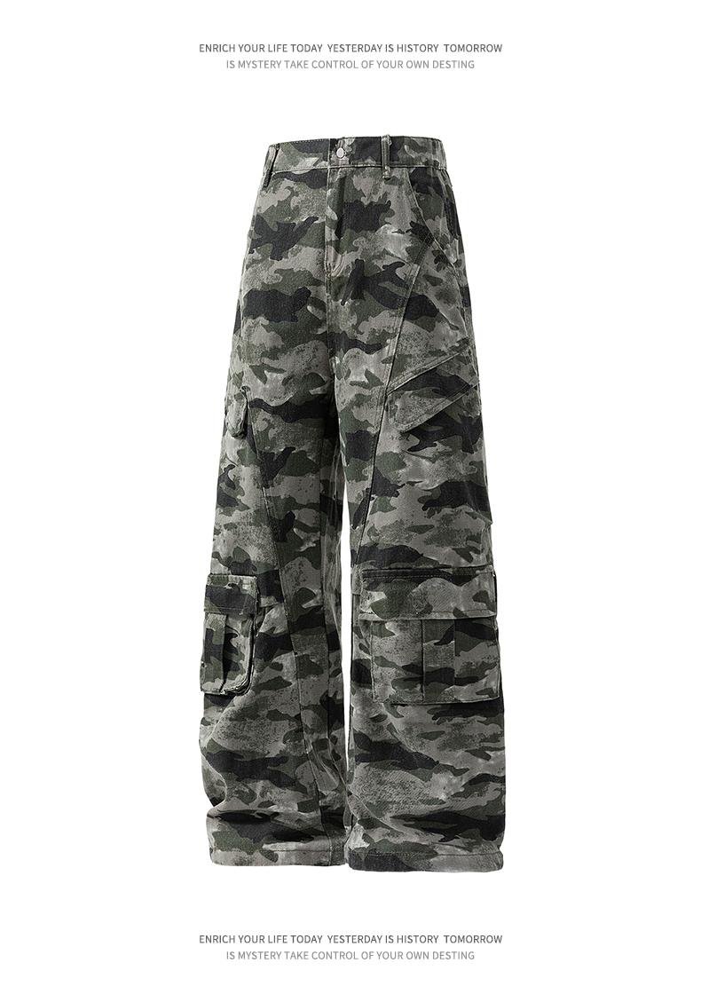 Men’s retro camouflage cargo pants, micro-flare camouflage denim jeans, new casual cargo-style pants, unisex high-street fashion loose straight-leg drop-crotch wide-pocket casual trousers, comfortable breathable fabric, suitable for everyday wear and outd