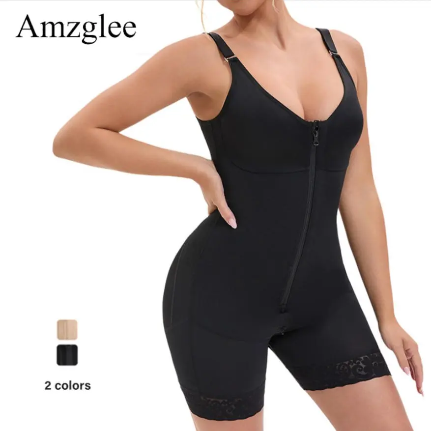 Amzglee Colombian Fajas Bodysuit, Seamless Full Body Shaper for Women with Tummy Control, Built-in Bra, Butt Lifter, and Zipper Crotch, Fabric, Lace, Shapewear, Fit, Acrylic