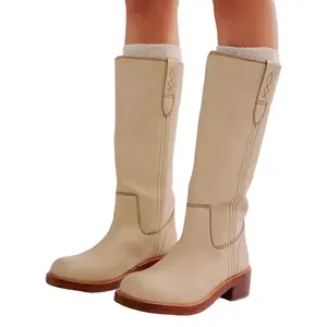 Vintage Knee High Boots for Women, Square Toe Banane Long Riding Boots Chunky Block Heel Comfortable Wide Calf Pull On Campus Boot