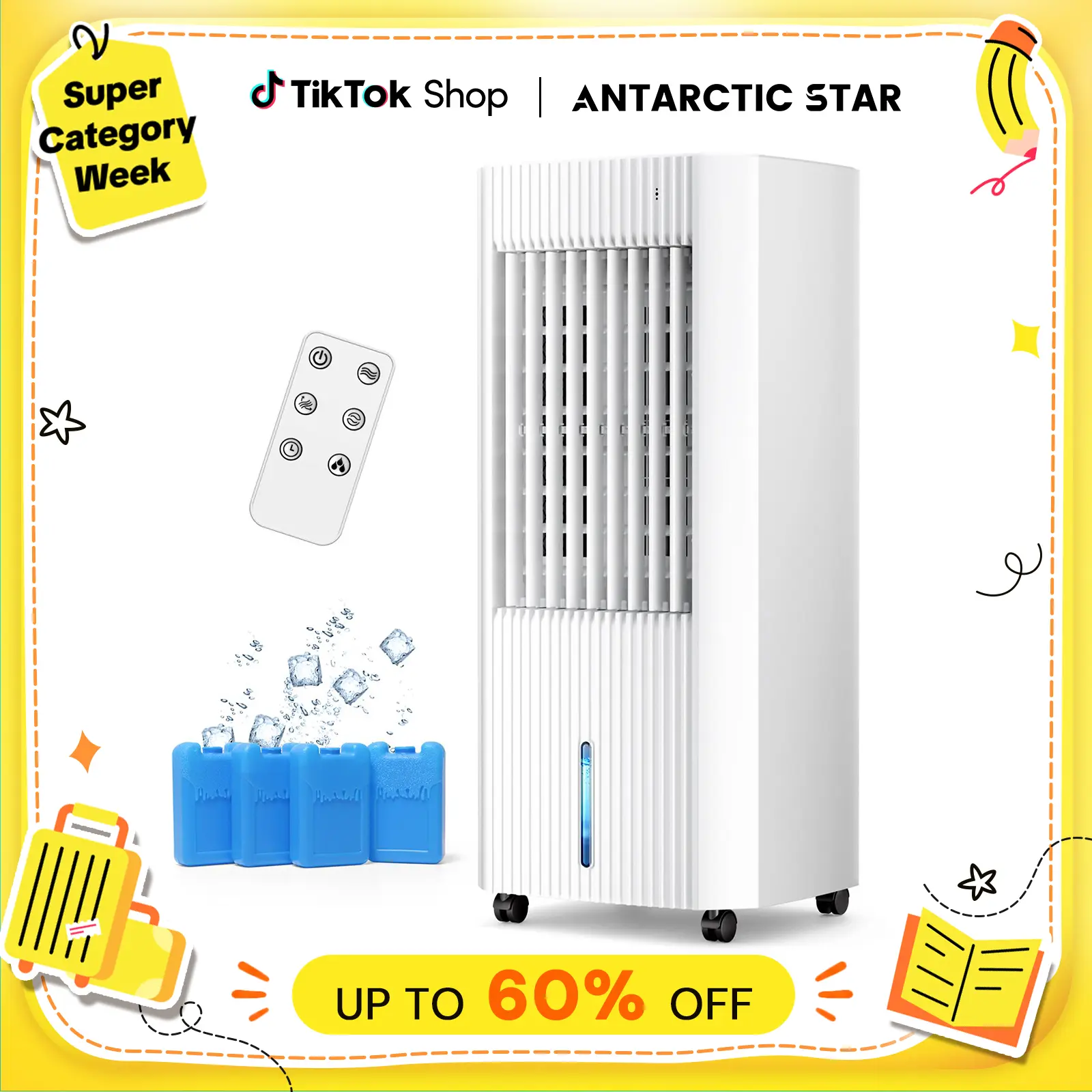 【Back To School】Antarctic Star Evaporative Air Cooler - Swamp Cooler, Portable AC, Compact, 3 Modes, 3 Speeds, 1.5Gal Tank (15H Cooling), 140° Oscillation, 16.4FT Remote, Timer, Refreshing for Bedroom Indoor Use, Evaporative Coolers, Oscillating Stand Fan