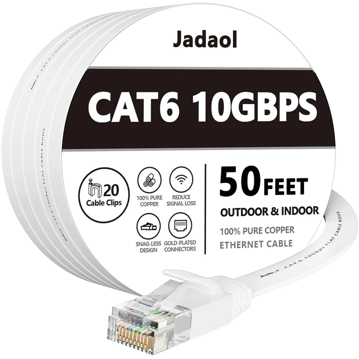 Jadaol Cat 6 Ethernet Cable 50 ft, 10Gbps Support Cat8 Cat7 Network, Flat RJ45 LAN Patch Cable, High-Speed Wired Internet Cable for Router, Modem, Switch, Gaming Consoles, PC, Streaming Devices, White