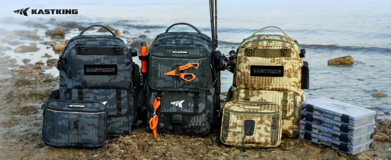 BaitSpace backpack color and accessory examples beside the water