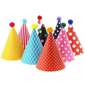 DIY Party Hats Set for Kids, Mini Cone & Crown with Pom Poms, Rainbow Paper Caps for Toddlers