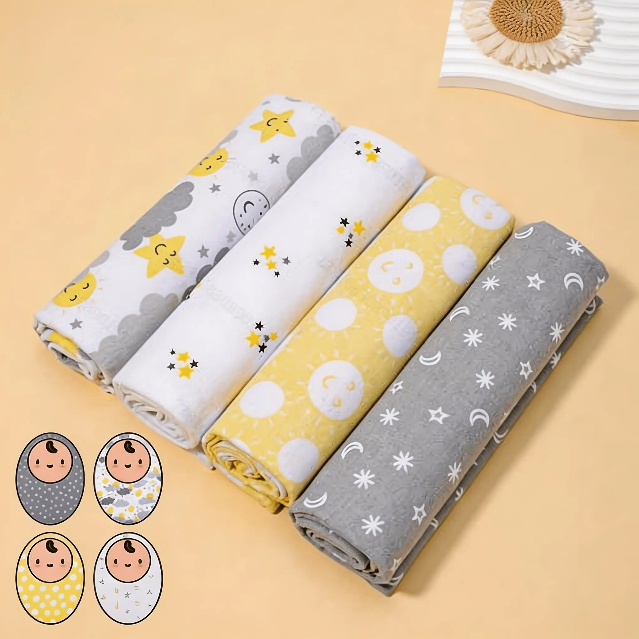 4 Piece Baby Blanket Set, Soft and Comfortable, Cartoon Printed Bedding, Neutral Newborn Blanket, Ideal for Infants, Gentle on Skin, Perfect Gift for Babies, Cute Bedding