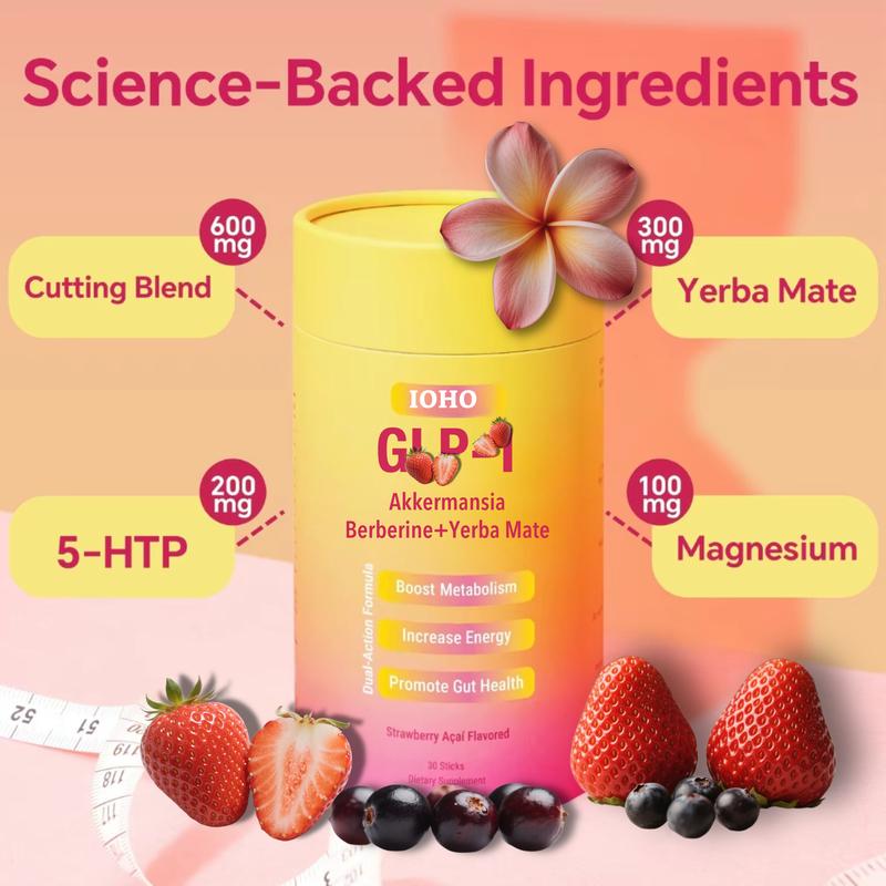 IOHO Cutting Drink Mix Akkermansia– Berberine, 5-HTP,Chromium, Yerba Mate & Magnesium | Strawberry Açaí Flavor – 30 Servings