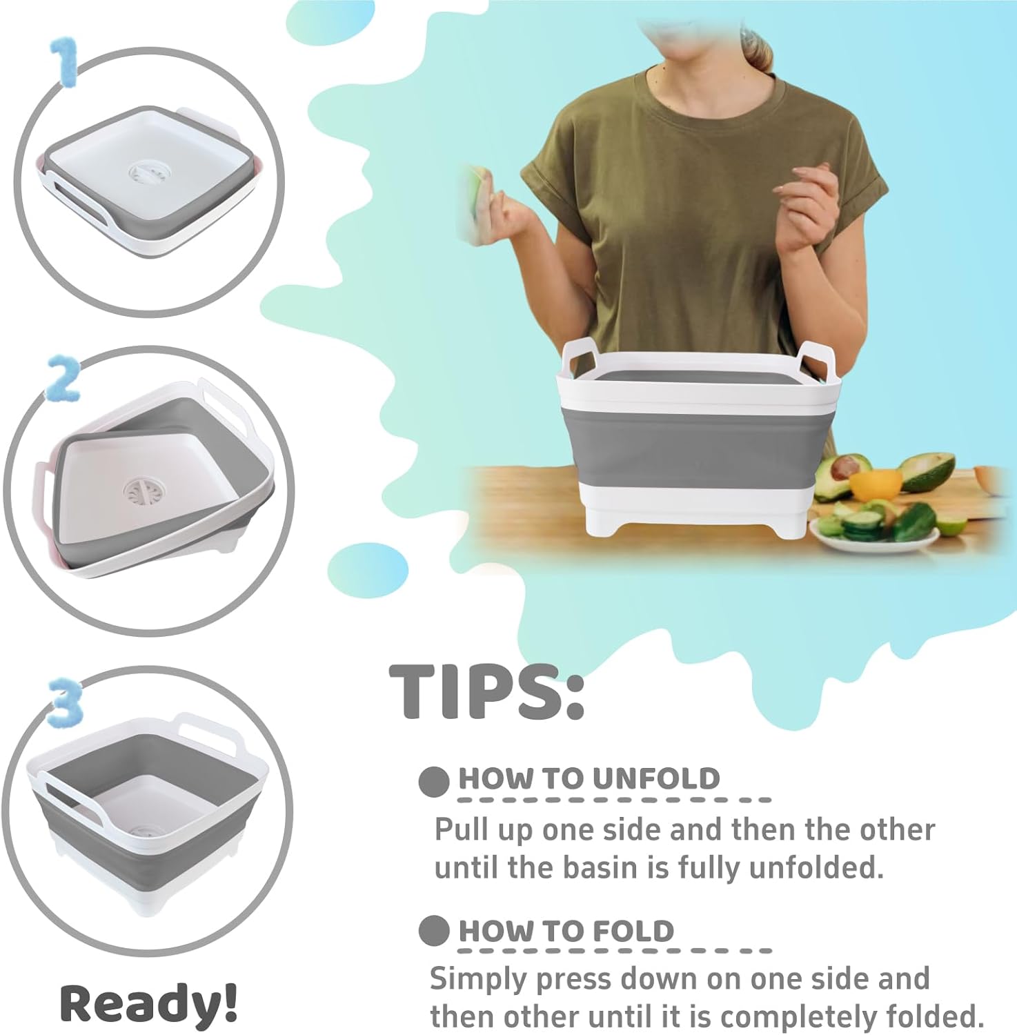 Collapsible Wash Basin for Bottles - 2.4 Gallons Portable Wash Bin for RV Camping Sink, Space-Saving Dish Tub (Gray)