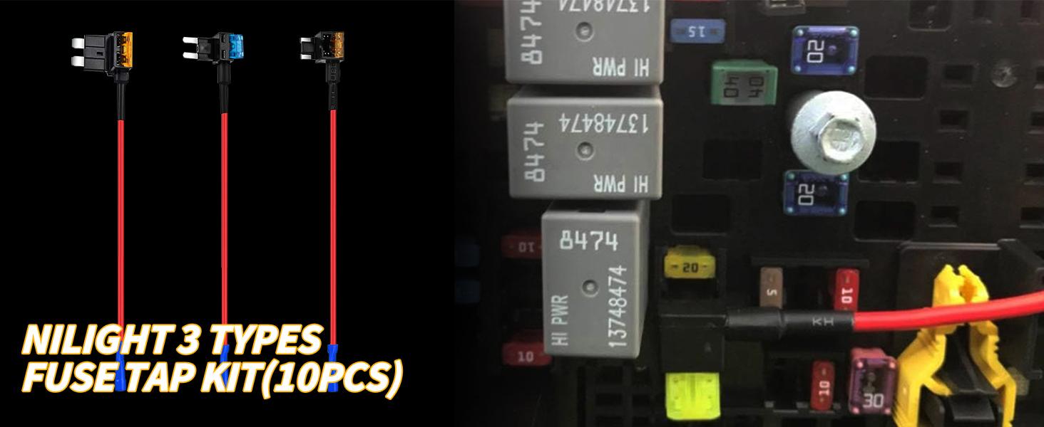 Nilight 12V Car Add-a-Circuit Fuse Adapter with Standard and Mini TAP Profile TAP Blade Fuse for Cars Trucks Boats, 10 Pack Fuse Holder-3 types Vehicle Replacement Nilight 12V Car Add-a-Circuit Fuse Adapter with Standard and Mini TAP Profile TAP Blade Fuse for Cars Trucks Boats, 10 Pack Fuse Holder-3 types Vehicle Replacement