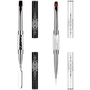 2Pcs Dual-Ended Hard Nail Art Brush Builder Gel Rhinestone Handle French Tip for Manicure Design Polish Gel Liner Professional Drawing Painting Pen