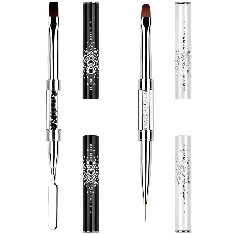 2Pcs Unisex Hard Nail Art Brushes Multi-Pack - Dual-Ended Rhinestone Handle Nail Art Equipment, Gel/Polish/Thin Brush Pen Manicure Tools for Adults' Home Manicures, French Tips, Precise Lines