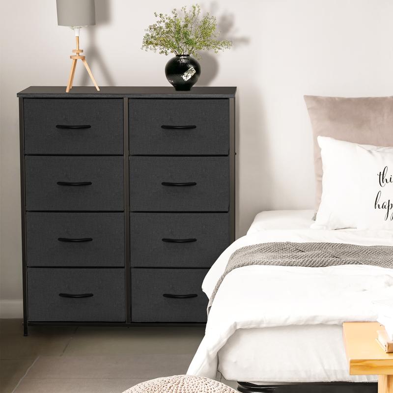 Dresser for Bedroom with 8 Fabric Drawers, Tall Chest Organizer Units for Clothing, Closet, Kidsroom, Storage Tower with Cabinet, Metal Frame, Wooden Top, Lightweight Nursery Furniture