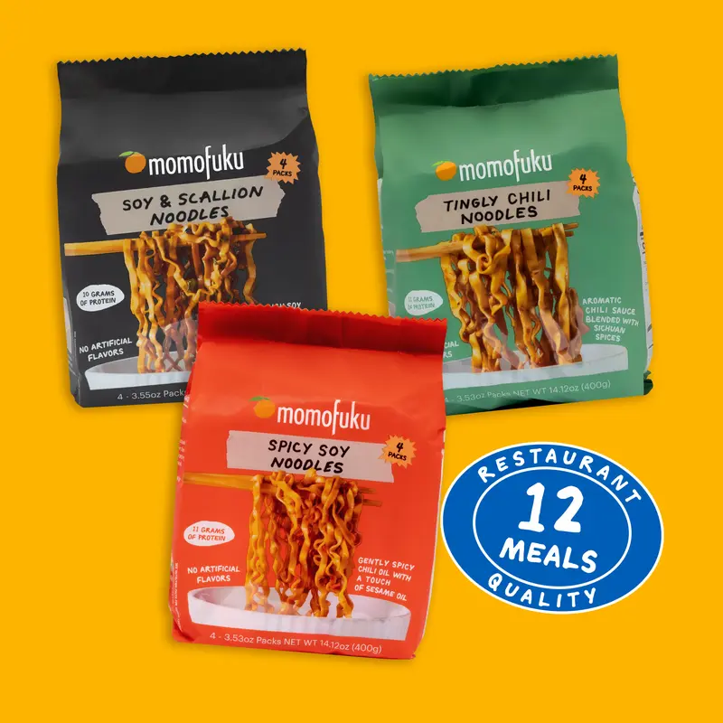 Momofuku Noodle Variety Pack -  Servings of Soy & Scallion Spicy Soy Tingly Chili Dried Noodles for Flavorful Meals