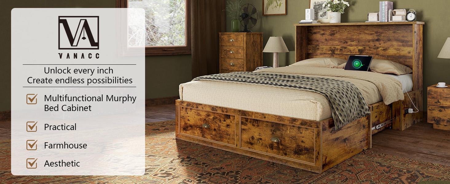 [Ships in 2 Boxes] VanAcc Murphy Bed, Farmhouse Cabinet Bed Frame with Charging Station and Storage Drawer for Bedroom/Office/Guest Room