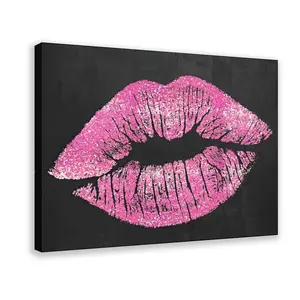 Black And Pink Lips Canvas Wall Art Fashion Glam Poster Sexy Lip Picture Gallery Wrap for Livingroom Bedroom Makeup Room Wall Decor