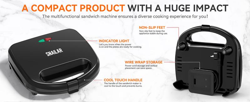 ABS07 Sandwich Maker, 2 Slice Grilled Cheese Maker with Non-stick Flat Plates, Indicator Lights, Cool Touch Handle, Easy to Clean and Store, 750 W shaq branded panini press indoor  electric crepe